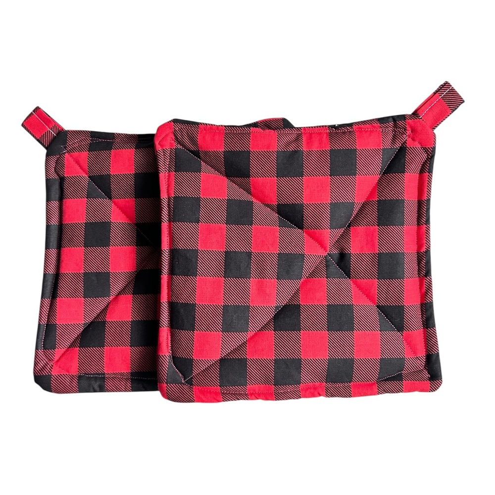 Hand Crafted Red and Black Buffalo Plaid Pot Holders Fabric Hot Mat Trivet